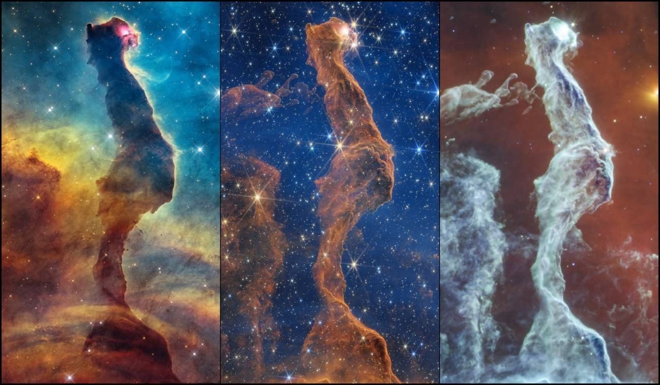 Tres imágenes comparativas de una nebulosa con forma de gato en la Nebulosa de Carina captadas por telescopios espaciales