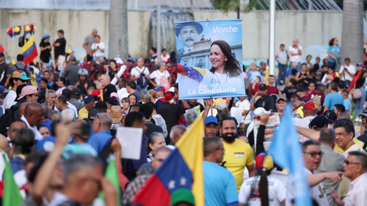 Multitud de personas en una plaza pública sosteniendo banderas y carteles durante una manifestación