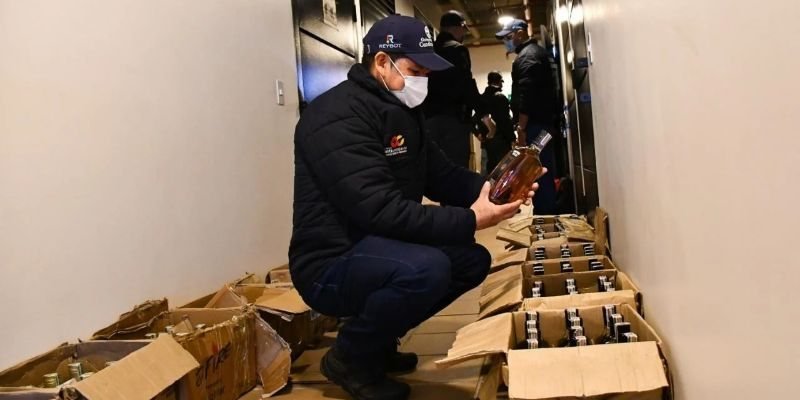 Un hombre con mascarilla y gorra sostiene una botella de licor frente a cajas de cartón en un pasillo